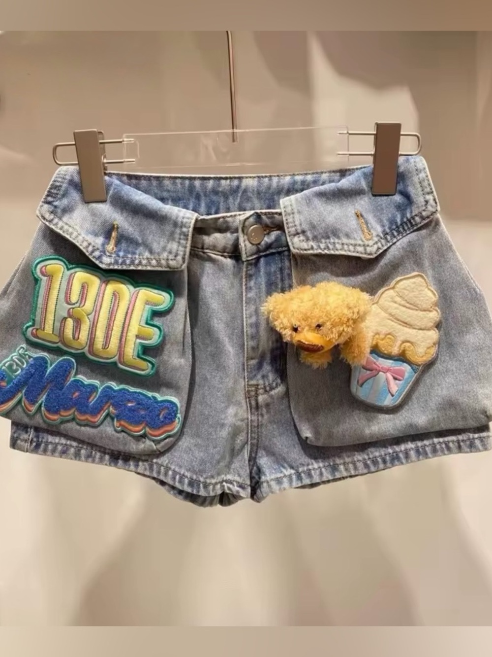 Embroidered Light Blue Denim Shorts with Novelty Appliqués